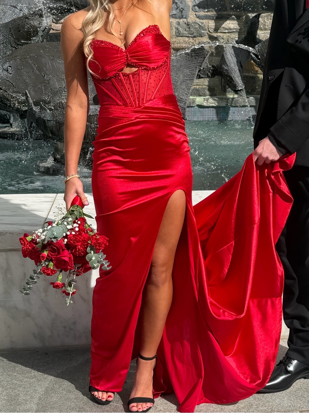 Red Satin Corset Evening Dress with Thigh Slit